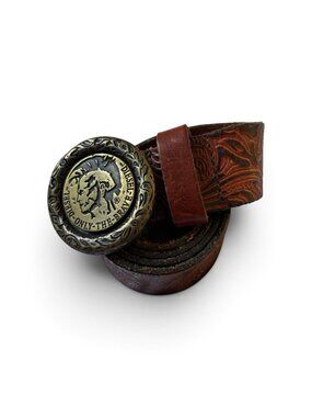 Diesel Y2K Belt Mens 34 Only The Brave IndianCircle Tooled Cognac Leather Mohawk